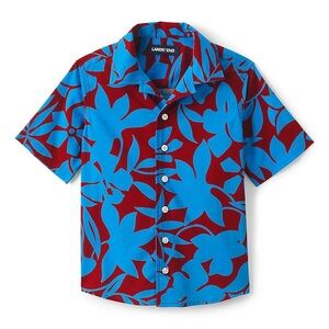 LANDS' End Bordeaux Red & Blue Havana Floral Short-Sleeve Button-Up Boys Size 5